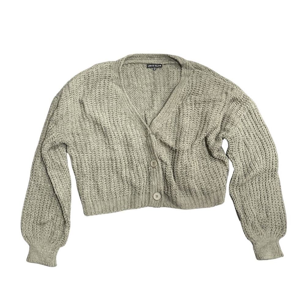 Love Ellie Audrey Cropped Button Front Chunky Knit Cardigan Olive XXL Cozy NWT